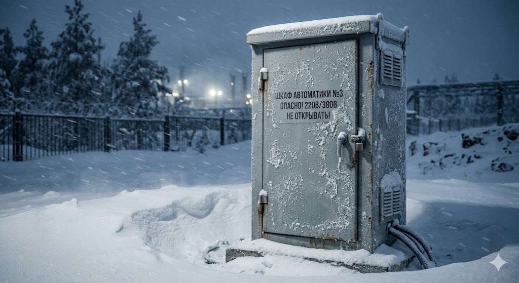 Уличный шкаф промышленной автоматики, покрытый снегом в зимних условиях.jpg Уличный шкаф промышленной автоматики, покрытый снегом в зимних условиях.jpg