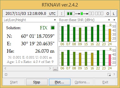 Рис. 11. Главное окно программы RTKNAVI определение позиции с точностью FIX