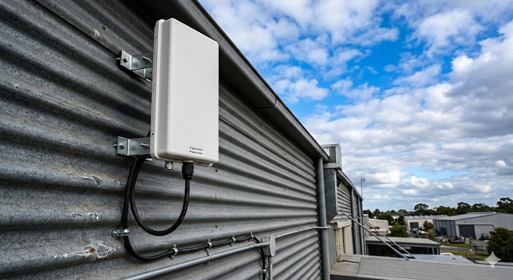 Внешняя направленная антенна, установленная на металлическом фасаде склада.jpg Внешняя направленная антенна, установленная на металлическом фасаде склада.jpg