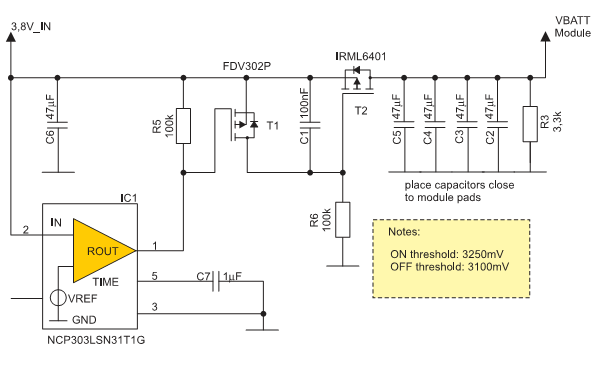 Рисунок 3. Схема подключения внешнего DC/DC-конвертера к модулю EHS5 с использованием супервизора напряжения